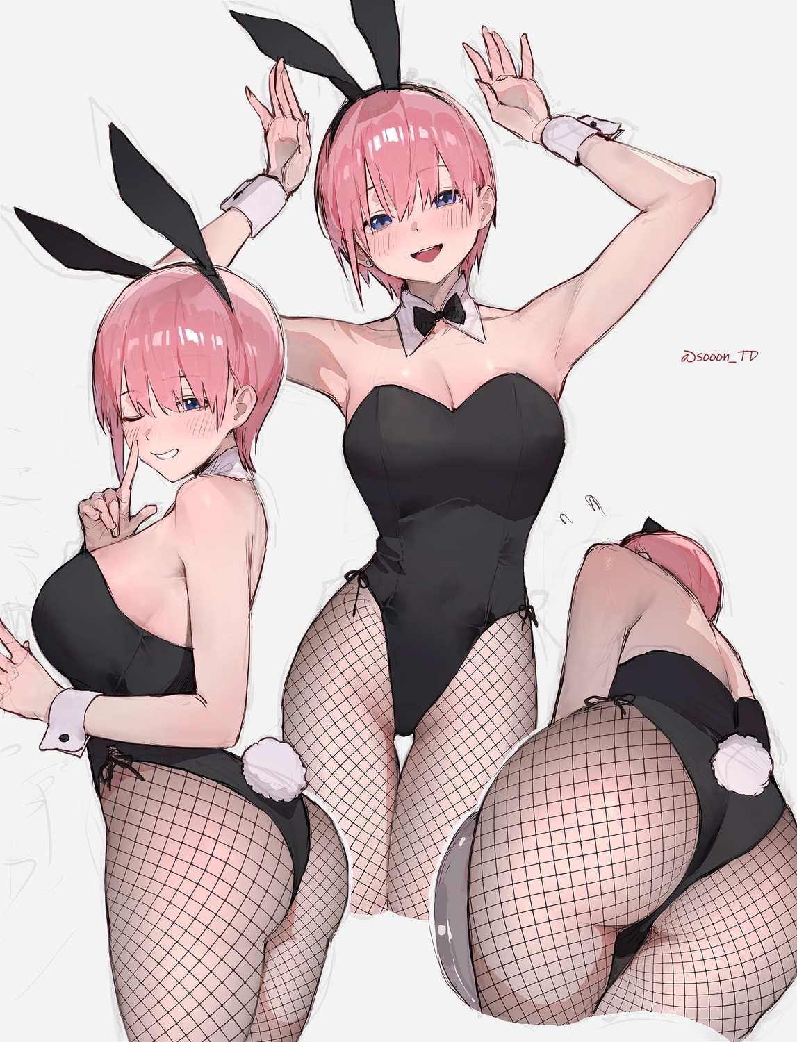 5-toubun_no_hanayome animal_ears ass bunny_ears bunny_girl fishnets nakano_ichika no_bra pantyhose sketch sooon tail