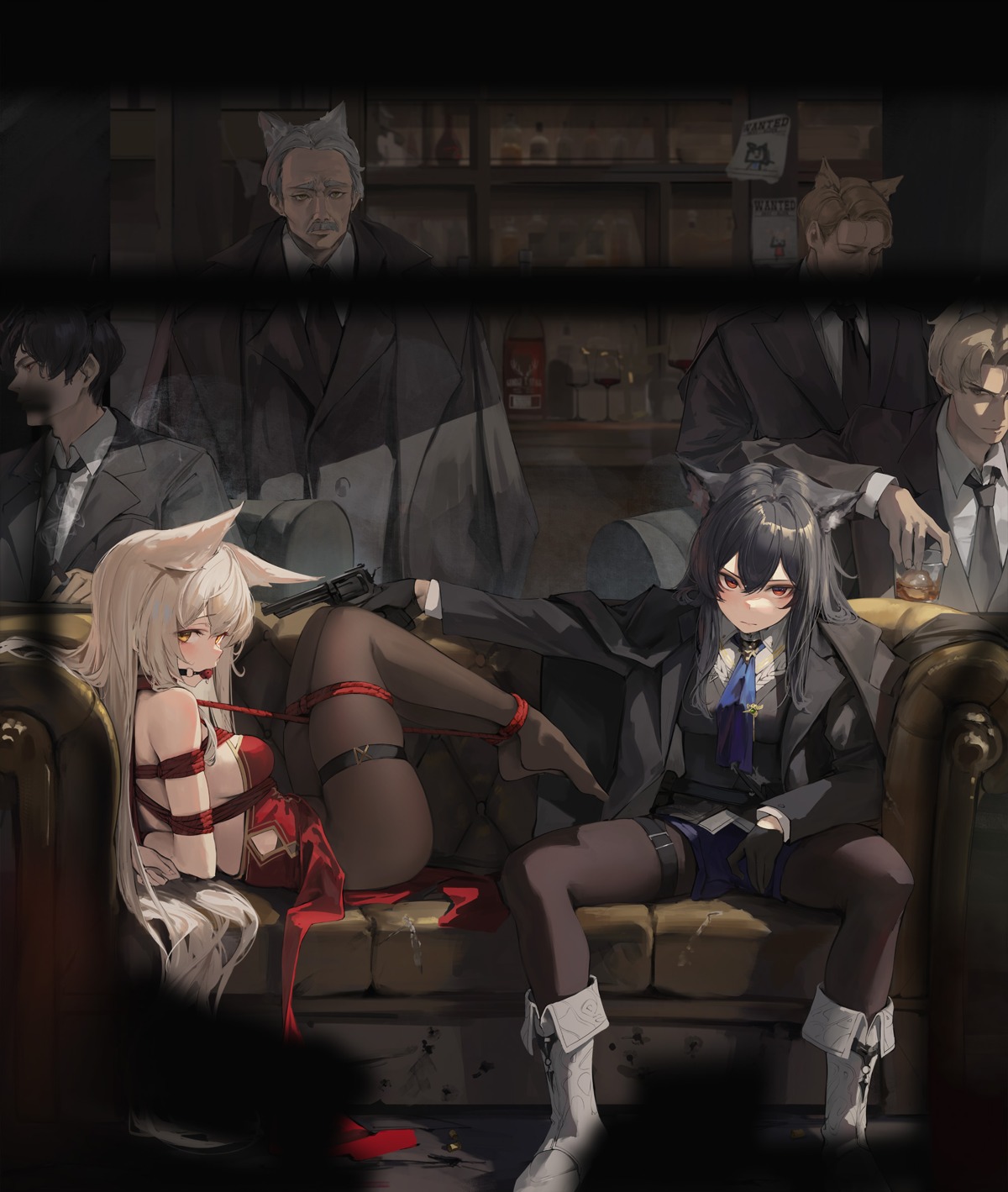 animal_ears arknights bondage business_suit dress garter gun hiki_niito pantyhose texas_(arknights) watarai_alice