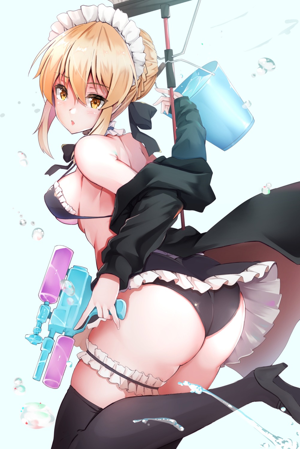 ass bikini fate/grand_order garter gun heels maid open_shirt saber saber_alter sezoku skirt_lift swimsuits thighhighs