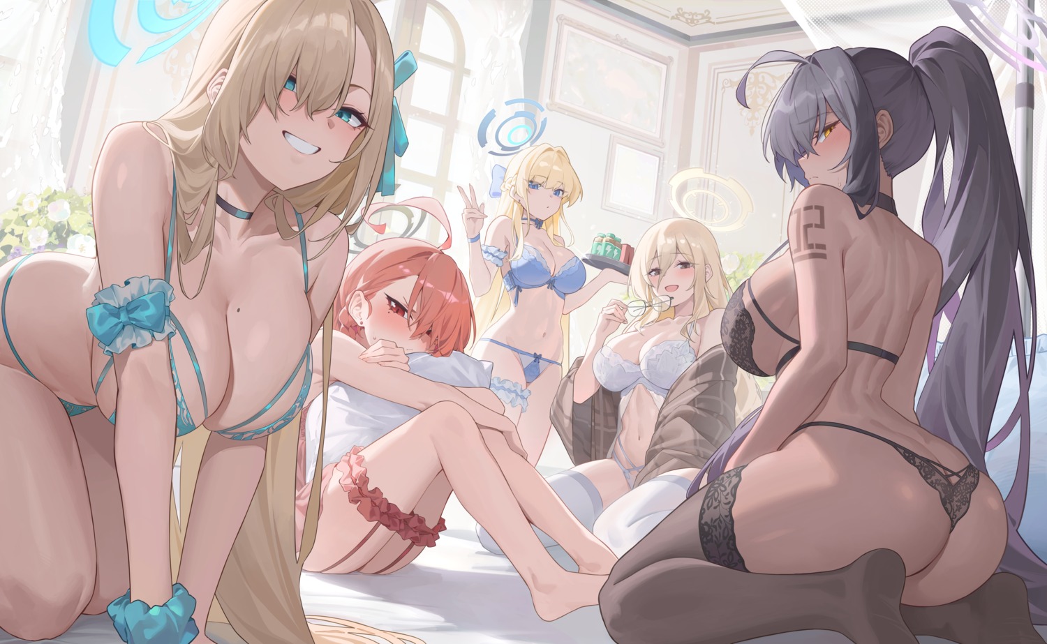 ass asuma_toki bannou_ippoutsukou blue_archive bra garter halo ichinose_asuna kakudate_karin lingerie loli megane mikamo_neru murokasa_akane pantsu tattoo thighhighs thong