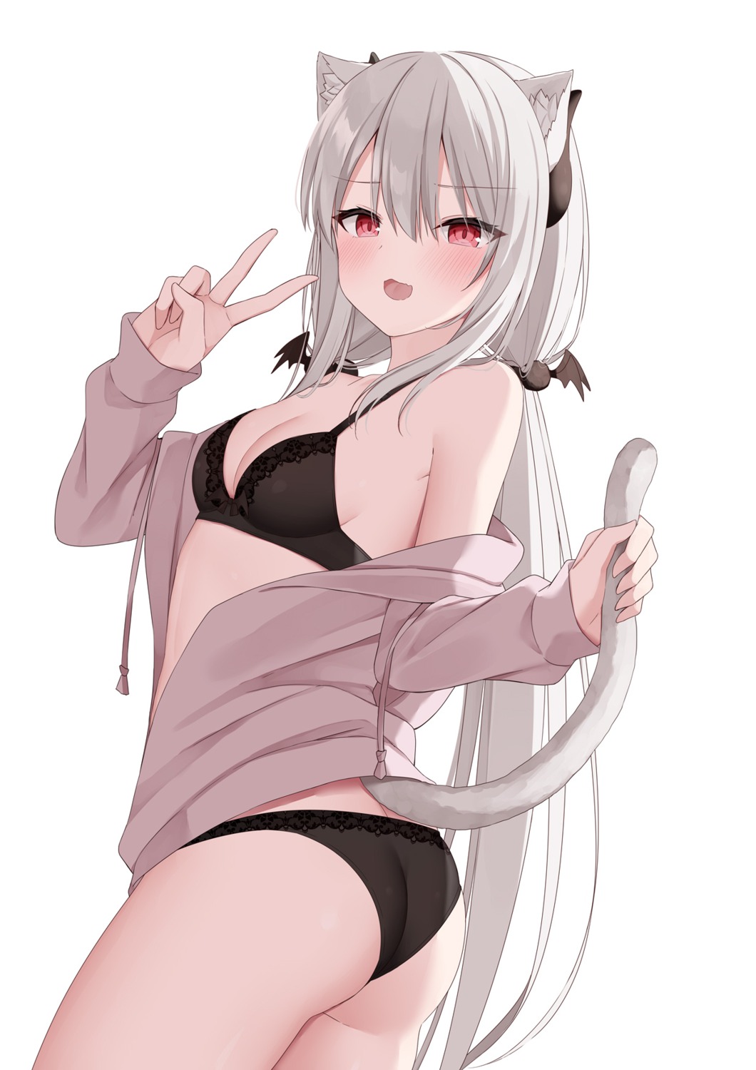 animal_ears ass bra horns kamu_(geeenius) nekomimi open_shirt pantsu tail