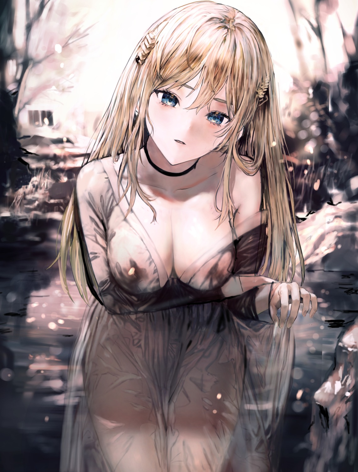 ah_(pixiv62888100) areola girls_frontline k5_(girls_frontline) nipples no_bra open_shirt see_through skirt_lift wet wet_clothes