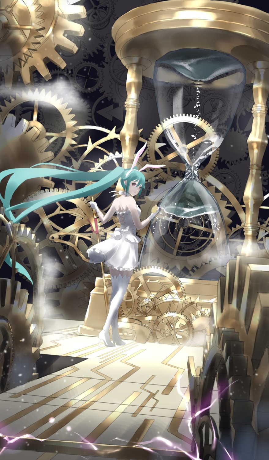 animal_ears bunny_ears hatsune_miku heels landscape no_bra tagme thighhighs vocaloid weapon