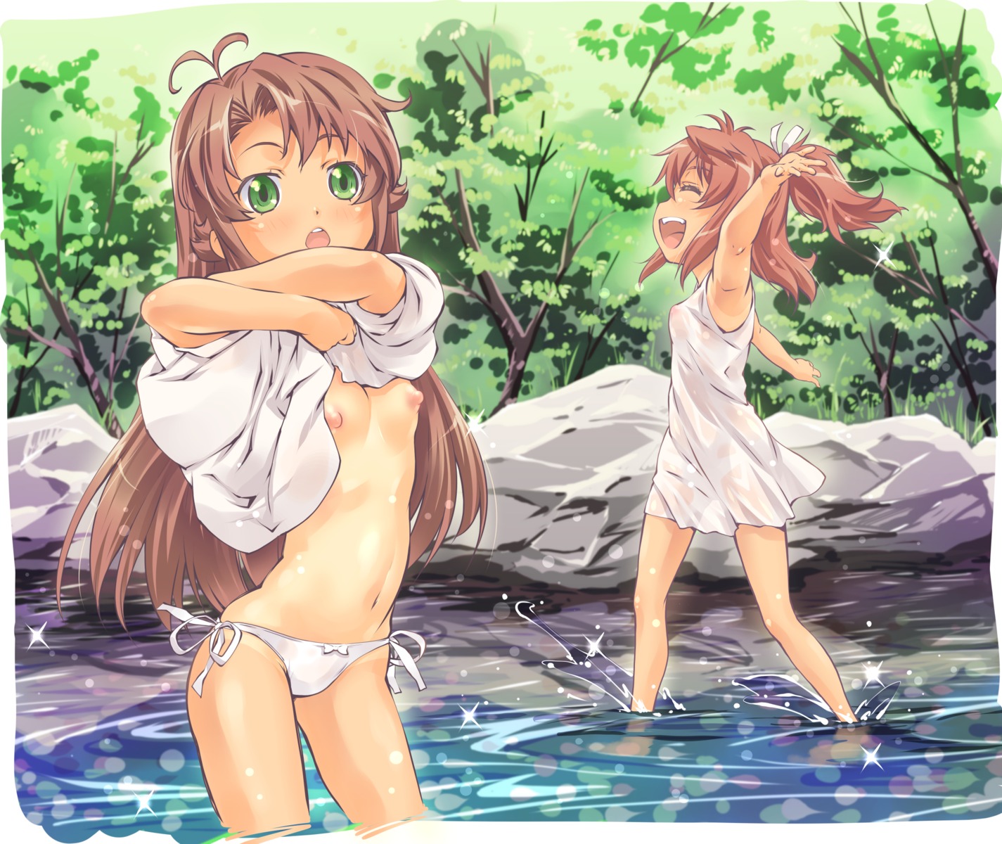 koshigaya_komari koshigaya_natsumi loli nipples no_bra non_non_biyori pantsu see_through shirt_lift string_panties suzuki24 undressing wet wet_clothes