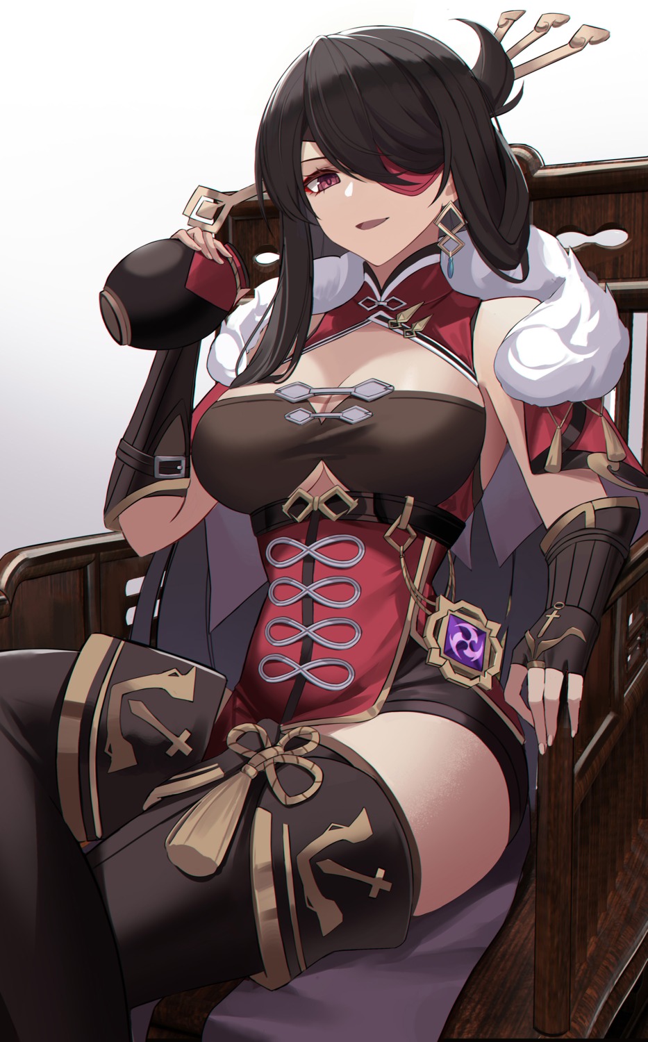 asian_clothes beidou cleavage eternity_(shadeh) eyepatch genshin_impact thighhighs