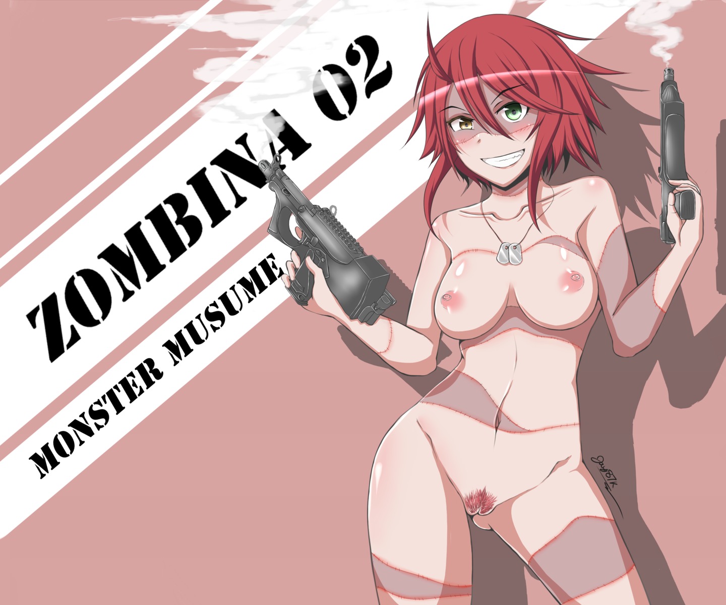 gun heterochromia jay87k monster_girl monster_musume_no_iru_nichijou naked nipples pubic_hair pussy uncensored zombina