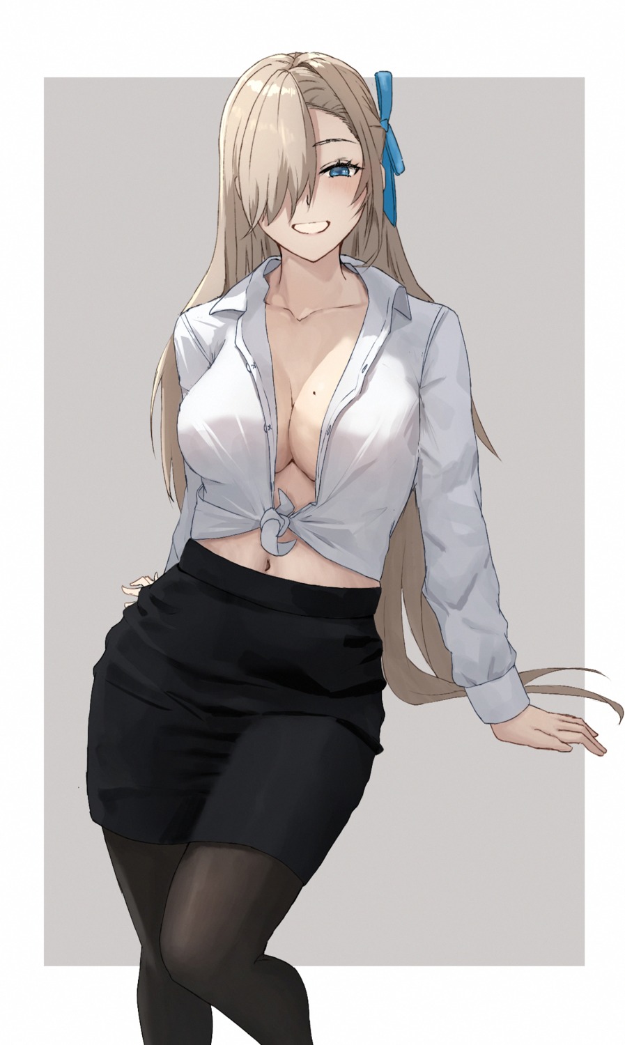 blue_archive clisapex dress_shirt ichinose_asuna no_bra open_shirt pantyhose