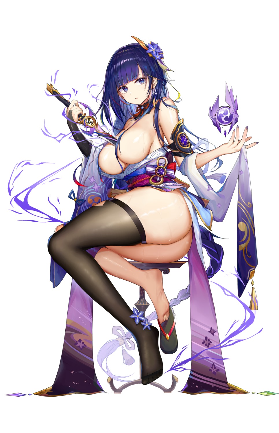 ass breasts genshin_impact japanese_clothes kiriko_(araragikoyomi) no_bra nopan open_shirt raiden_shogun skirt_lift sword thighhighs