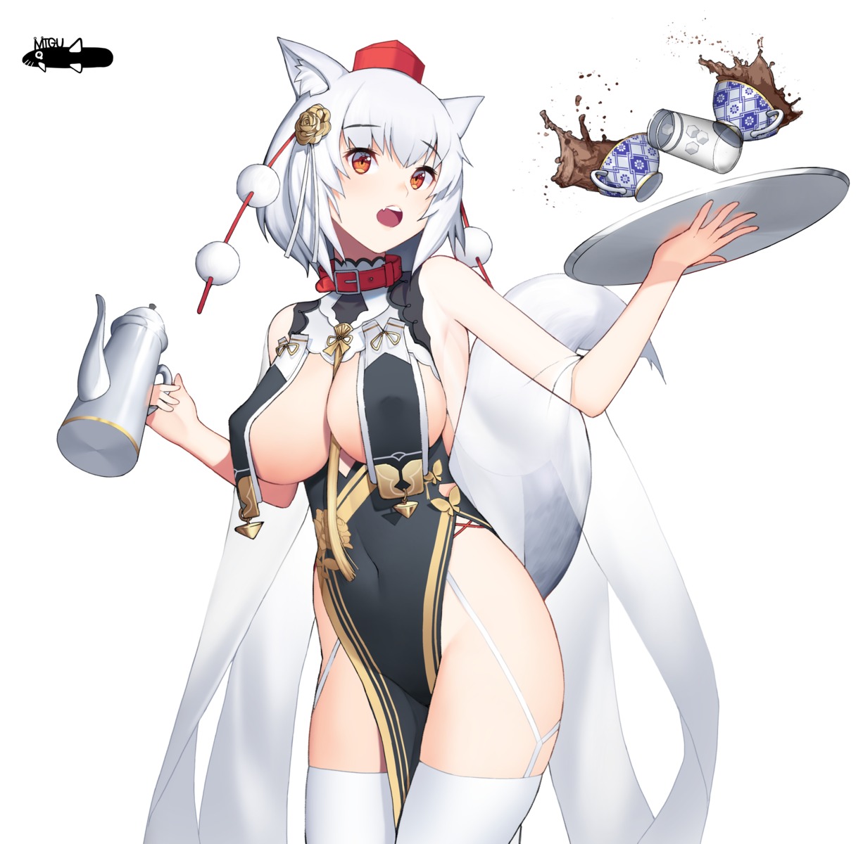 animal_ears asian_clothes azur_lane cosplay inubashiri_momiji migu_(iws2525) no_bra sirius_(azur_lane) stockings tail thighhighs touhou