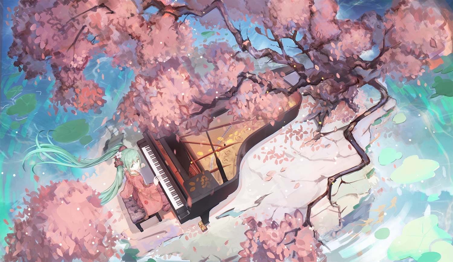 hatsune_miku japanese_clothes landscape vocaloid xiao_feng