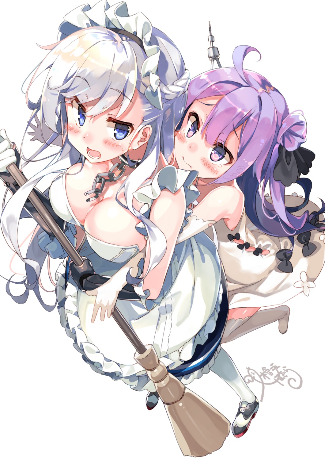 azur_lane belfast_(azur_lane) cleavage dress heels hisaka_hazara maid thighhighs unicorn_(azur_lane) yuri