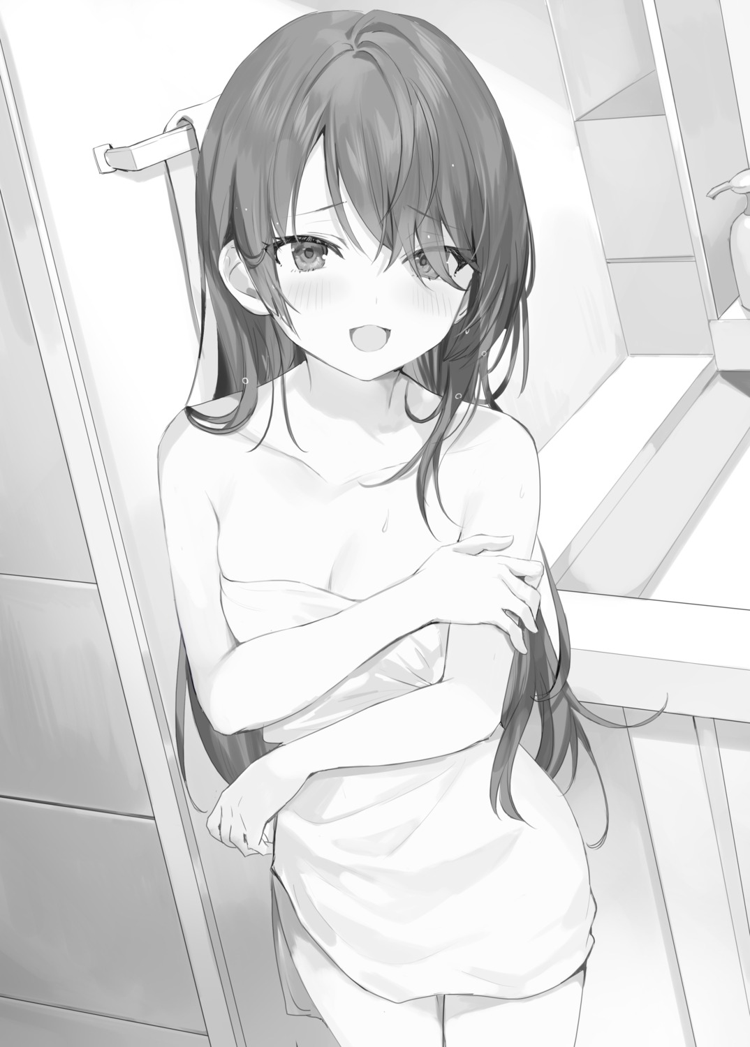 breast_hold momoko_(momopoco) monochrome suou_yuki tokidoki_bosotto_roshia-go_de_dereru_tonari_no_alya-san towel wet