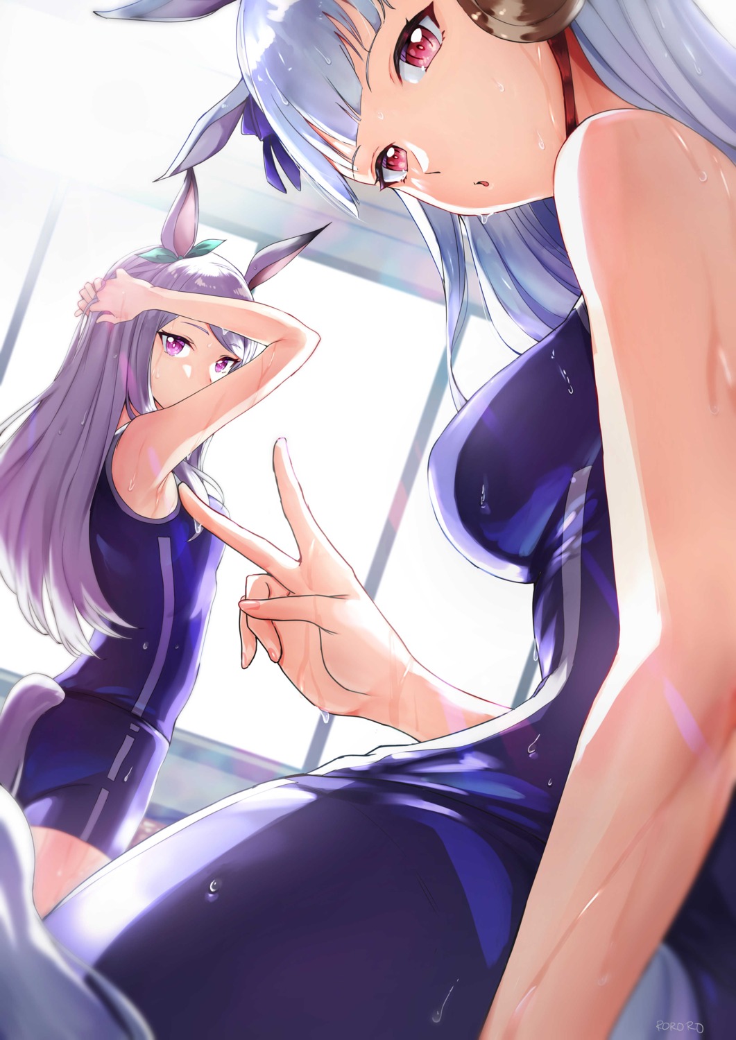 animal_ears gold_ship_(umamusume) mejiro_mcqueen_(umamusume) rororo school_swimsuit swimsuits tail uma_musume_pretty_derby wet