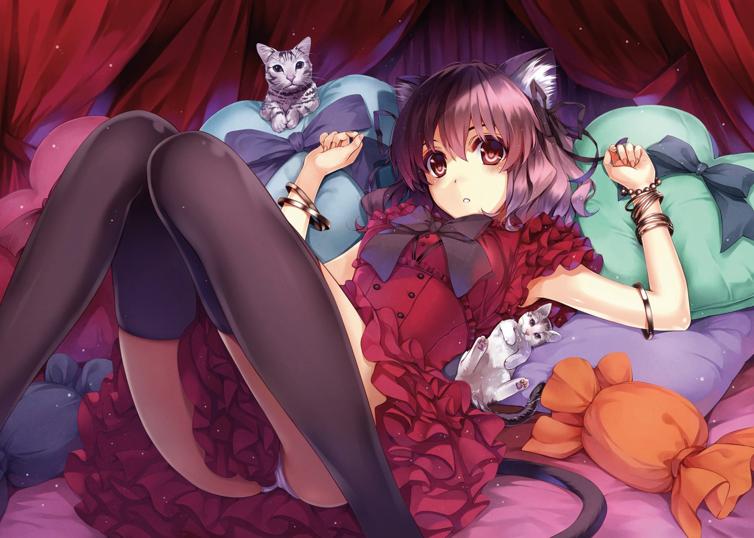 animal_ears dress misaki_kurehito neko nekomimi pantsu skirt_lift tail thighhighs