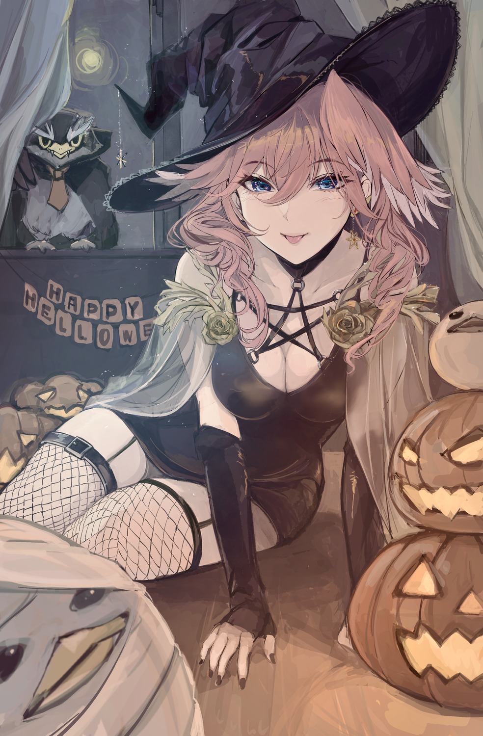 cleavage dress fishnets ganmo_(takane_lui) garter_belt halloween hololive see_through stockings takane_lui thighhighs torn_flipper wings witch