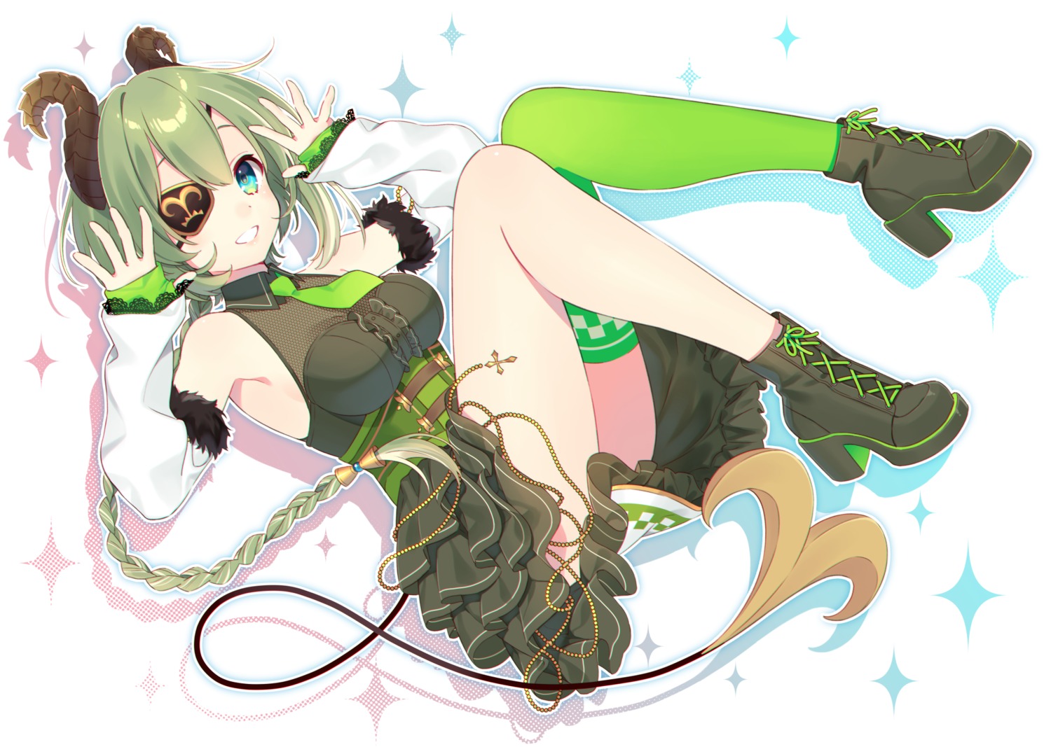 eyepatch fishnets garter heels honey_strap horns nanashi_inc. sekishiro_mico skirt_lift tail