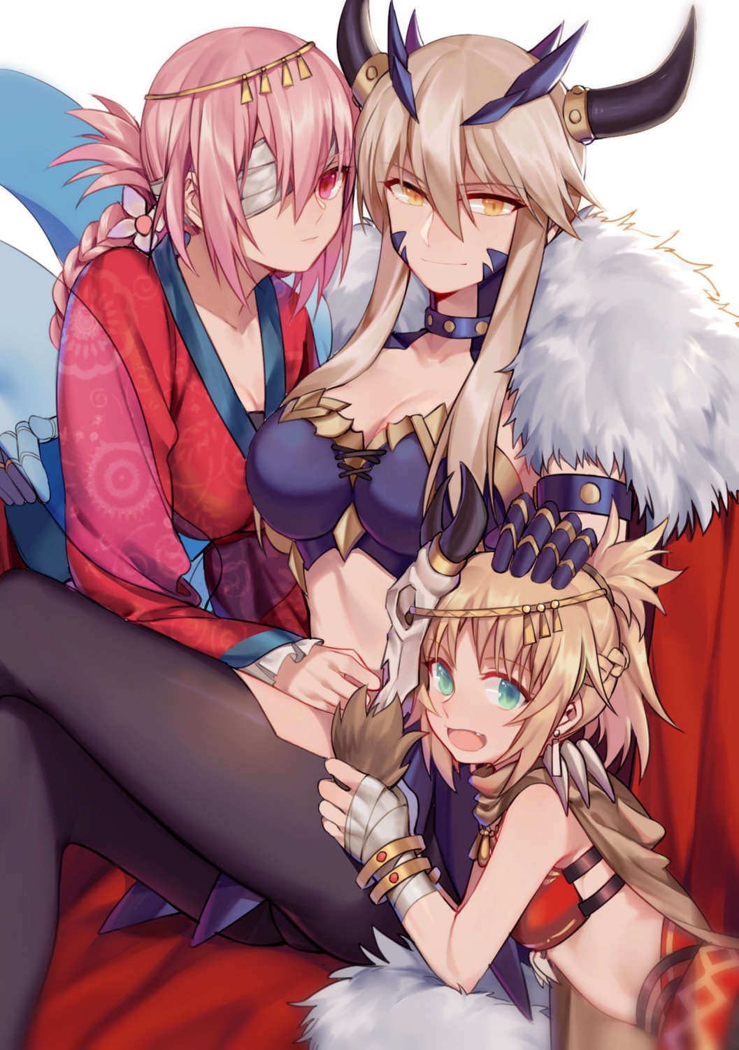 artoria_pendragon_alter_(fate/grand_order) bandages cleavage eyepatch fate/grand_order florence_nightingale_(fate) horns japanese_clothes mordred_(fate) pantyhose yorukun