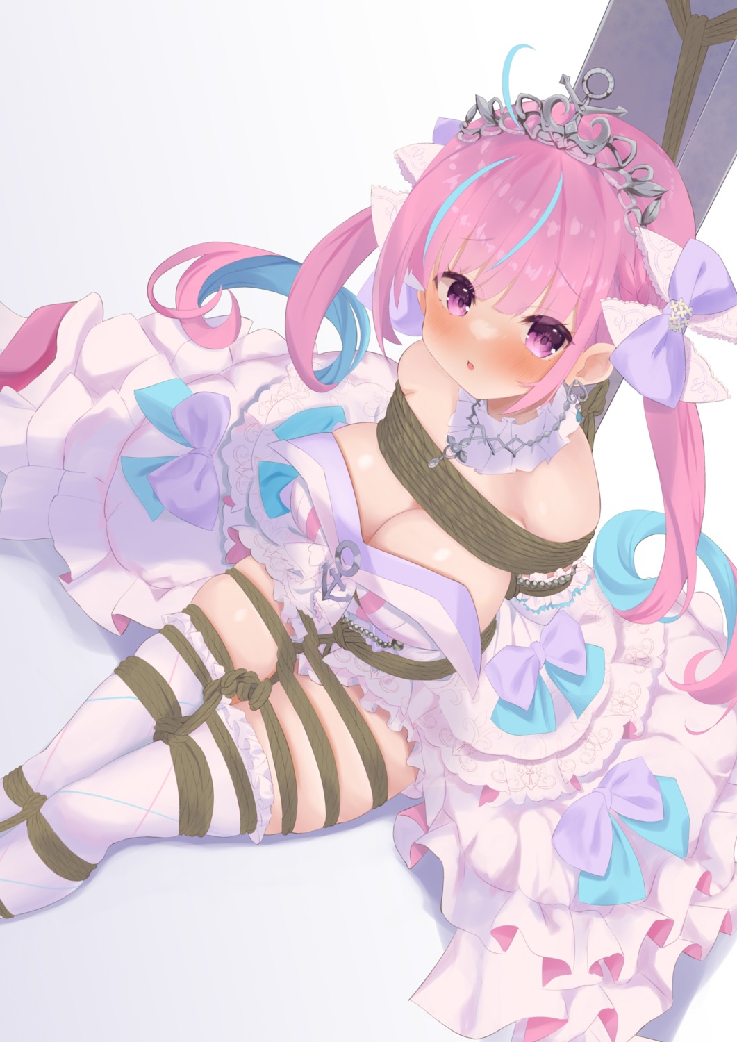 bondage dress hamuta_(machosbrown) hololive minato_aqua no_bra open_shirt thighhighs