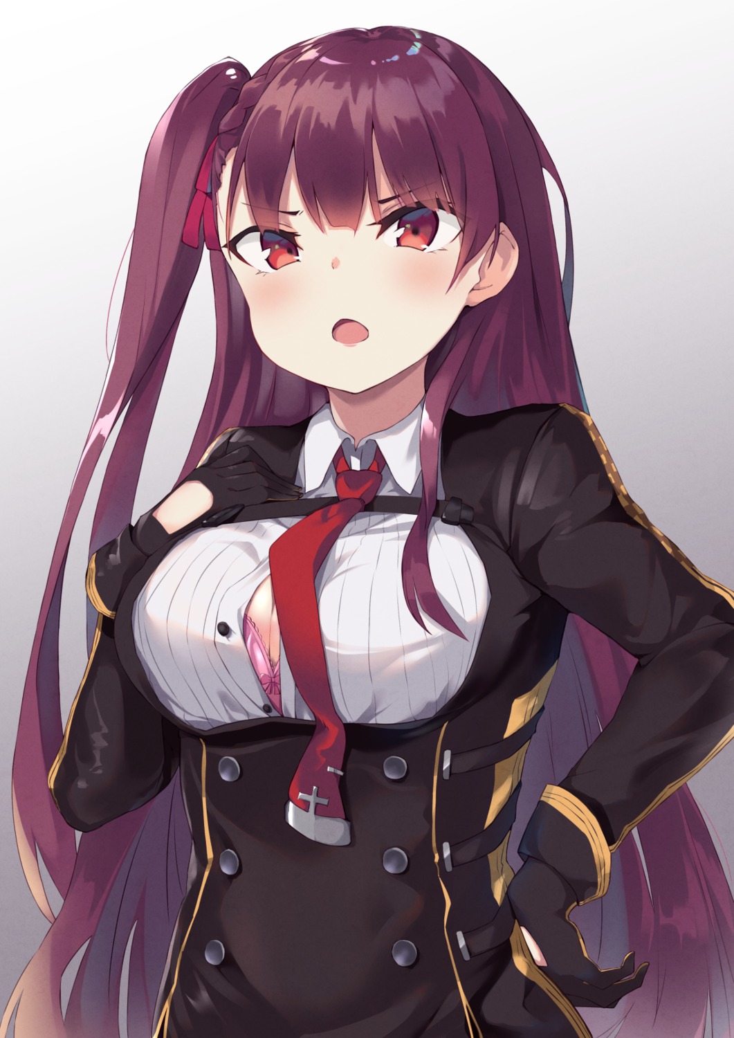 bra bushinofuji cleavage girls_frontline open_shirt wa2000_(girls_frontline) wardrobe_malfunction