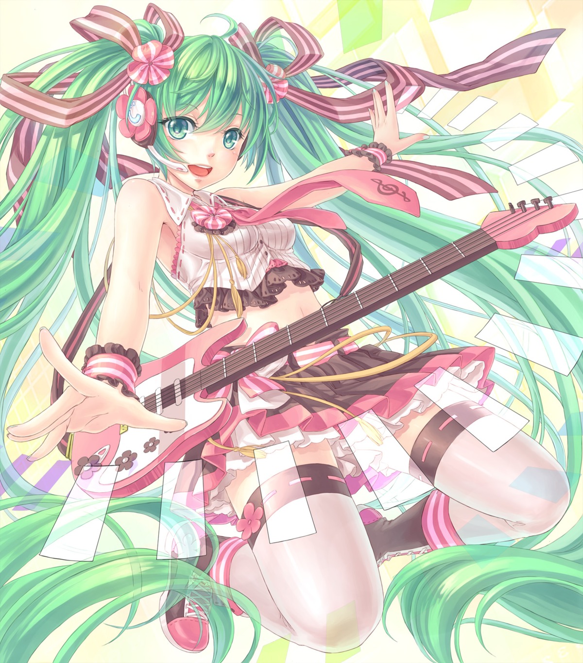 guitar hatsune_miku headphones maplehy thighhighs vocaloid