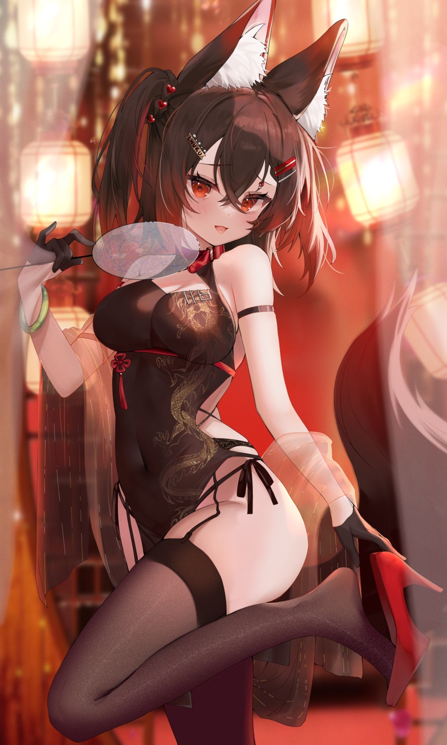 animal_ears chinadress cleavage hecha heels kitsune no_bra pantsu stockings string_panties tail thighhighs