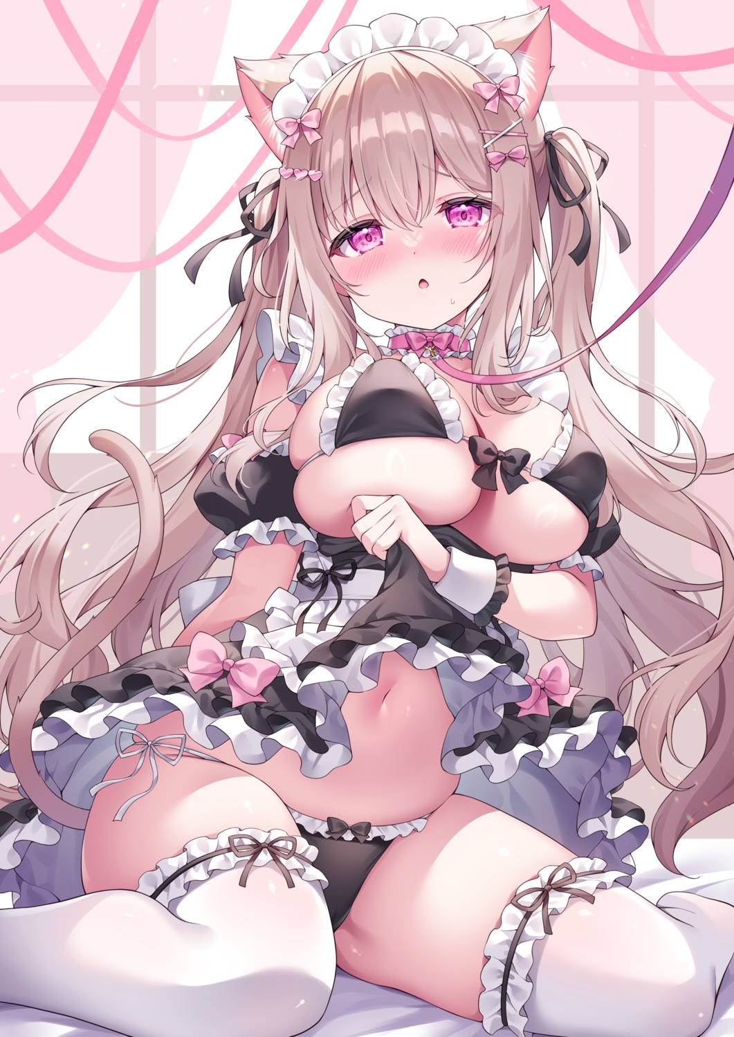 animal_ears bra garter maid nekomimi pantsu siooooono skirt_lift string_panties tail thighhighs