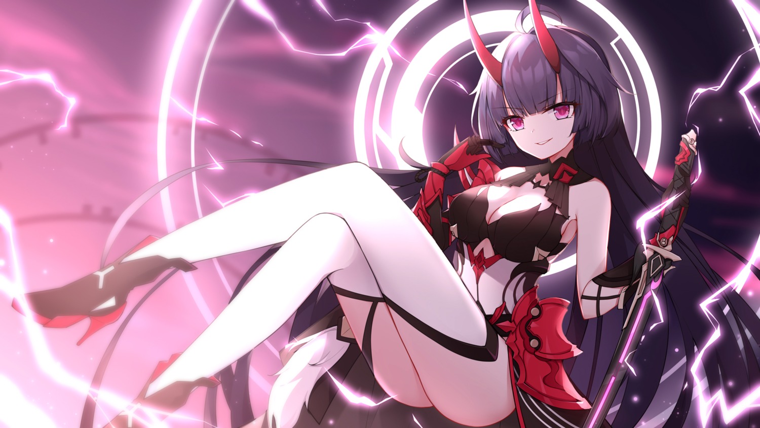 benghuai_xueyuan cleavage heels honkai_impact horns poinia raiden_mei skirt_lift sword thighhighs wallpaper