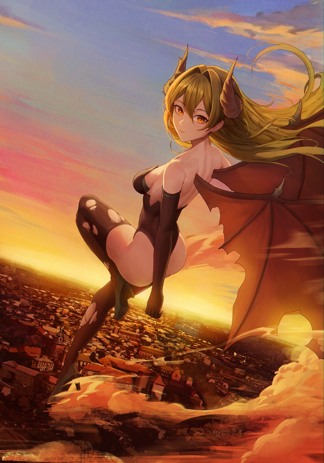 heels horns leotard matmaj no_bra thighhighs torn_clothes wings