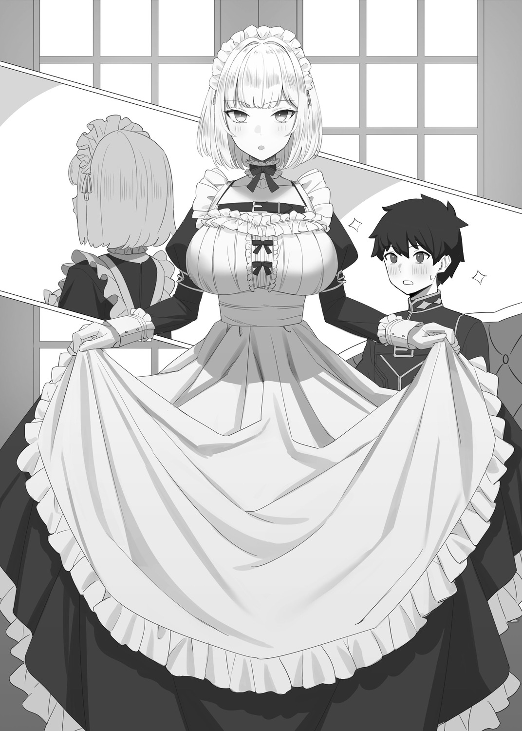 maid michihasu monochrome skirt_lift