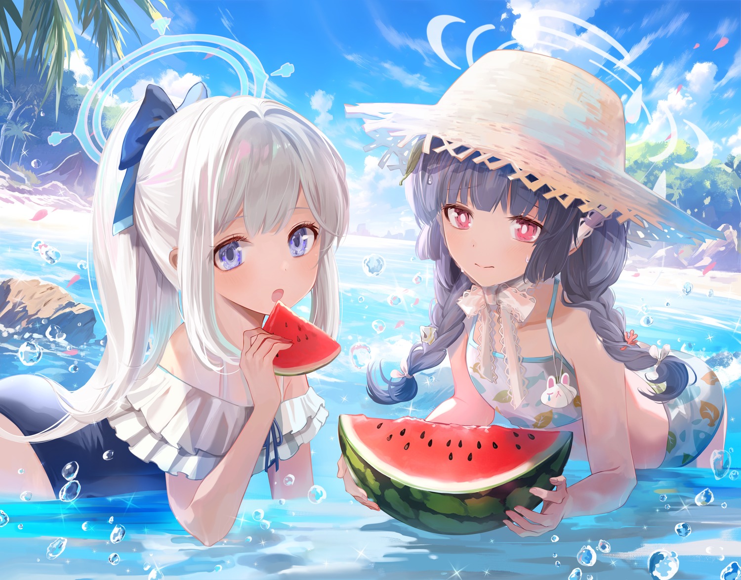 bikini blue_archive halo kasumizawa_miyu swimsuits transparent tsukiyuki_miyako wet