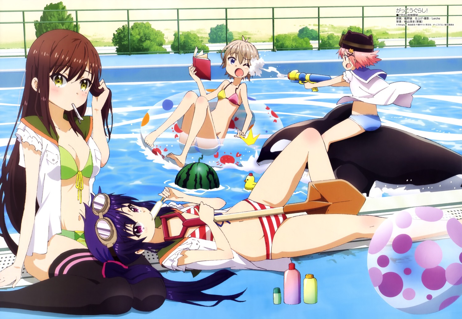 bikini cleavage ebisuzawa_kurumi gakkou_gurashi! gun iino_makoto naoki_miki open_shirt swimsuits takeya_yuki thighhighs wakasa_yuuri wet