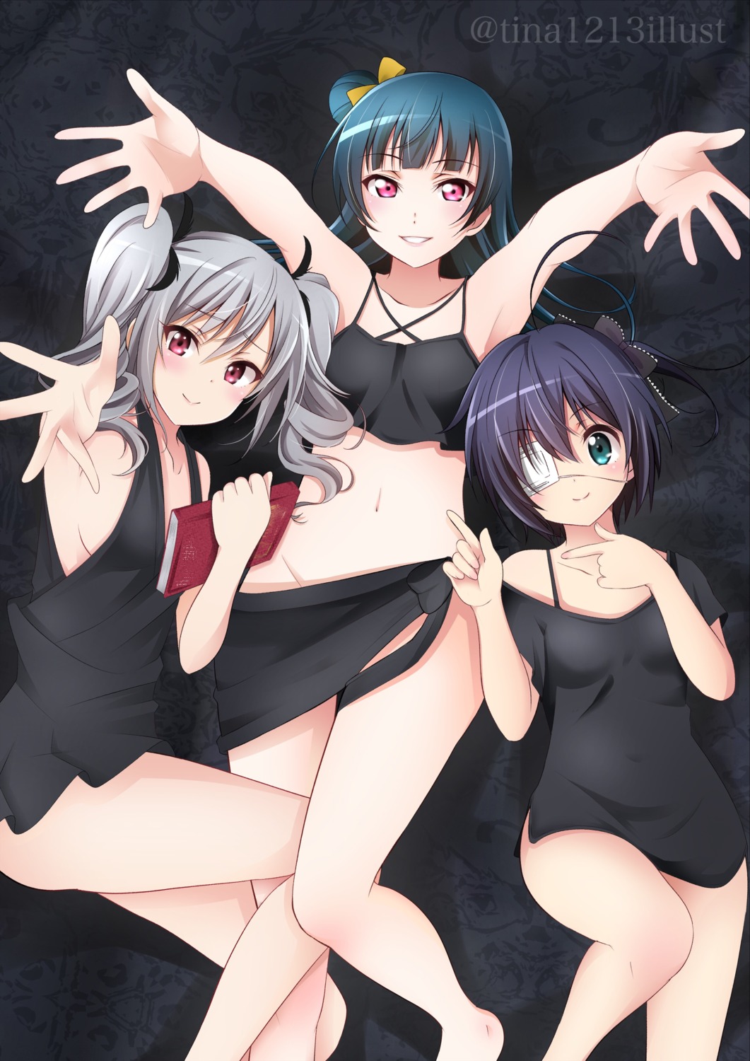 chuunibyou_demo_koi_ga_shitai! crossover eyepatch kanzaki_ranko love_live!_sunshine!! no_bra nopan takanashi_rikka the_idolm@ster the_idolm@ster_cinderella_girls tina1213 tsushima_yoshiko