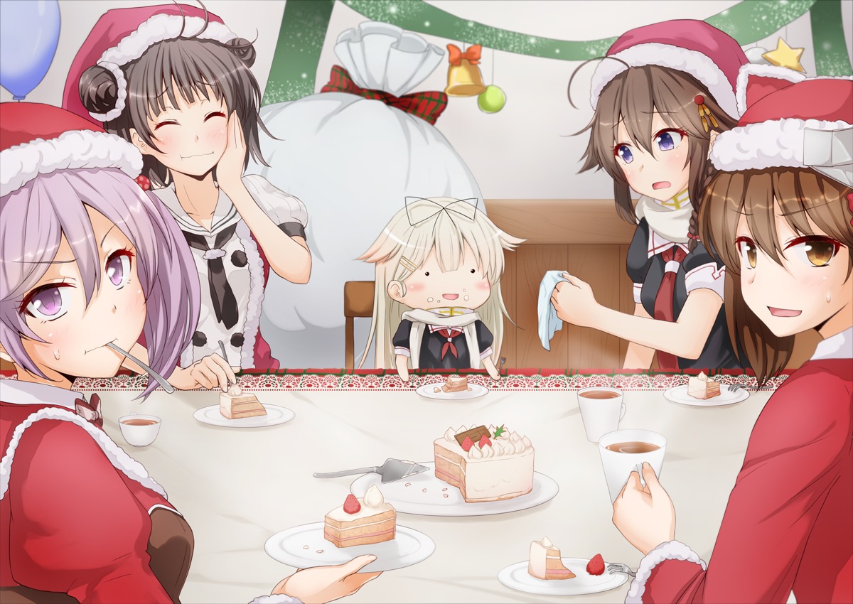 anti_(untea9) chibi christmas kantai_collection naka_(kancolle) ryuujou_(kancolle) sazanami_(kancolle) shigure_(kancolle) yuudachi_(kancolle)