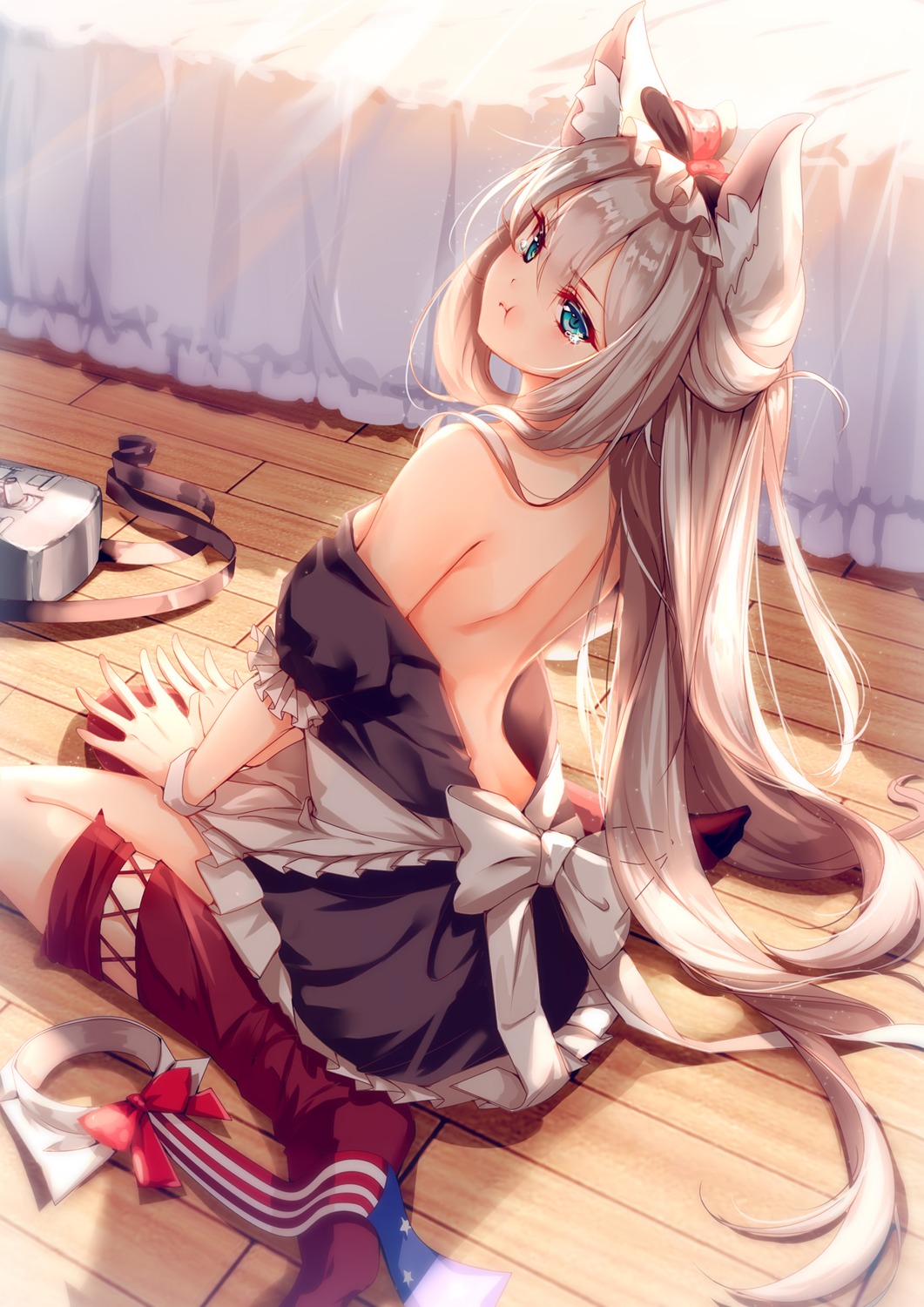 animal_ears azur_lane clouble feet hammann_(azur_lane) maid nekomimi no_bra open_shirt tail undressing