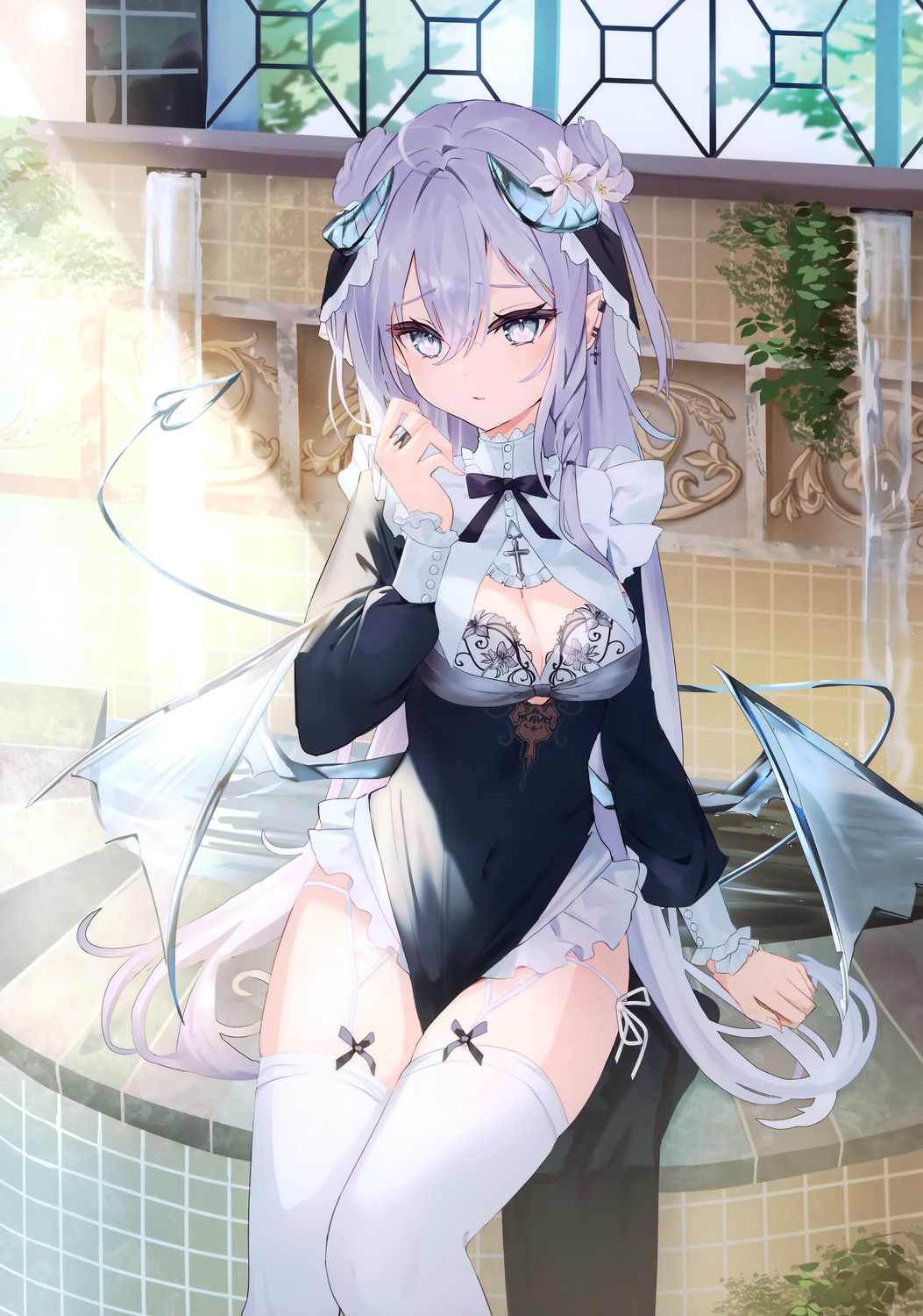 bra devil horns nun omelet_tomato omutoma pantsu pointy_ears stockings string_panties tail thighhighs wings