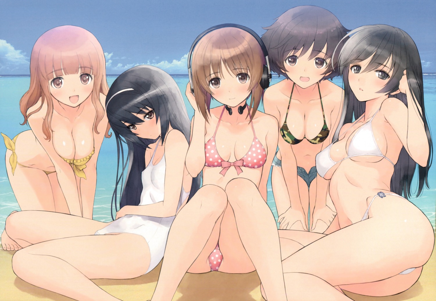 akiyama_yukari bikini breast_hold cleavage girls_und_panzer headphones isuzu_hana nishizumi_miho reizei_mako swimsuits takebe_saori tony_taka underboob