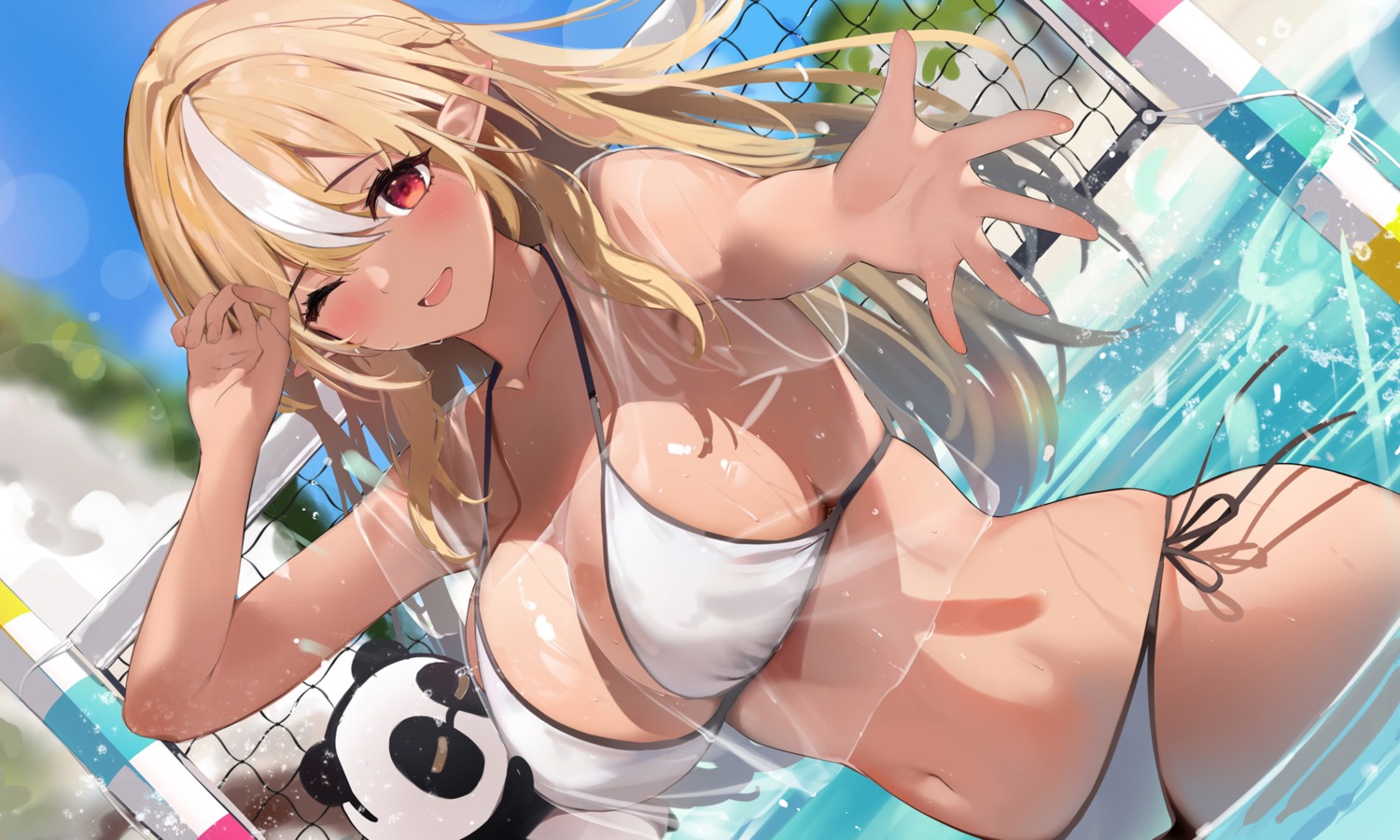 bikini elf hololive niii_(memstapak) pointy_ears see_through shiranui_flare swimsuits wet