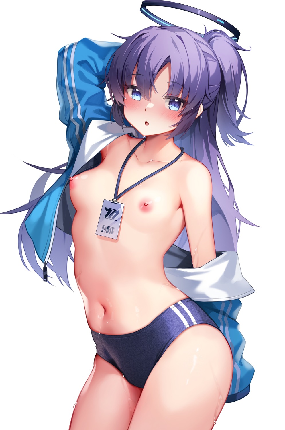 blue_archive breasts buruma gym_uniform halo hayase_yuuka nipples no_bra open_shirt pinki_o64