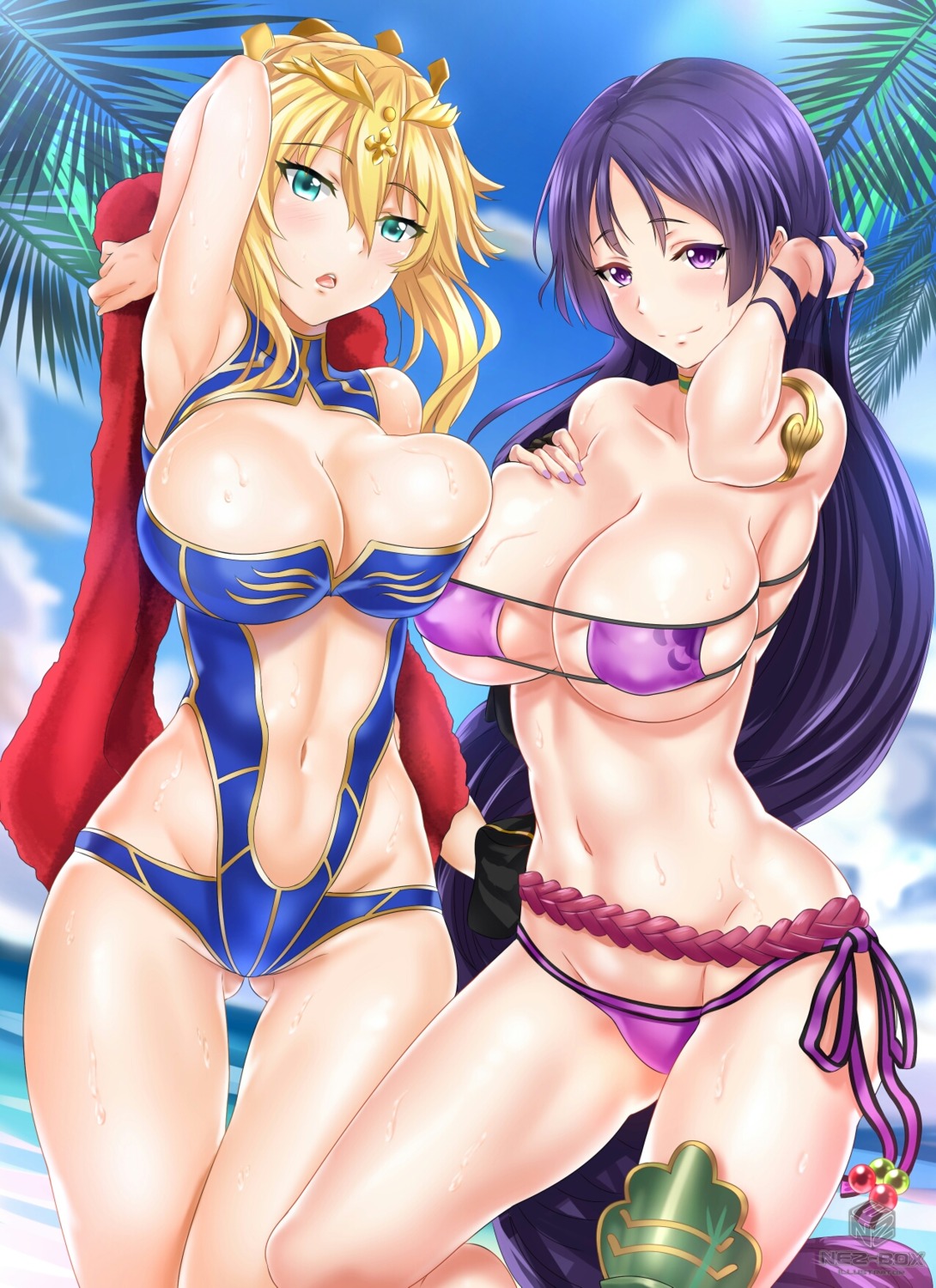 artoria_pendragon_(lancer) bikini breast_hold cleavage erect_nipples fate/grand_order minamoto_no_raikou_(fate/grand_order) nez-kun official_watermark swimsuits underboob wet