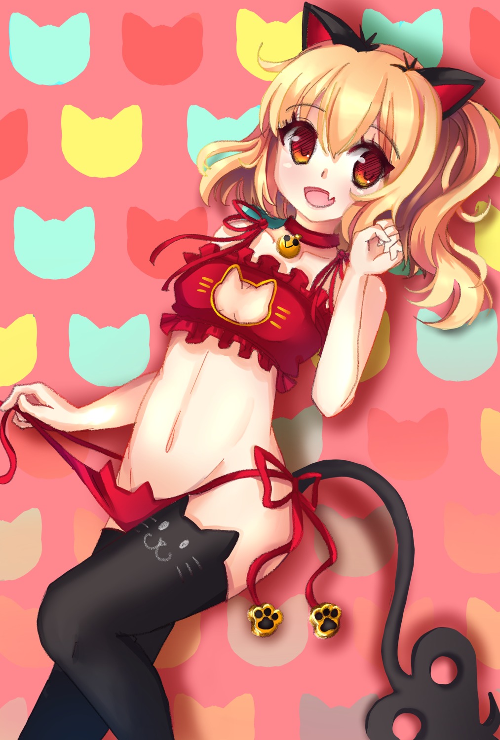 animal_ears flandre_scarlet lingerie nekomimi orendi_laran pantsu panty_pull string_panties tail thighhighs touhou undressing