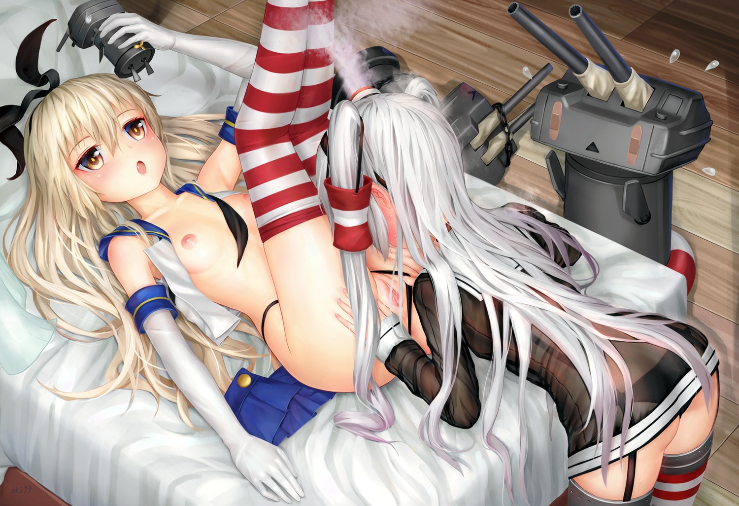 aki99 amatsukaze_(kancolle) ass breasts kantai_collection loli nipples no_bra open_shirt pantsu panty_pull pussy rensouhou-chan see_through seifuku shimakaze_(kancolle) stockings thighhighs thong uncensored yuri