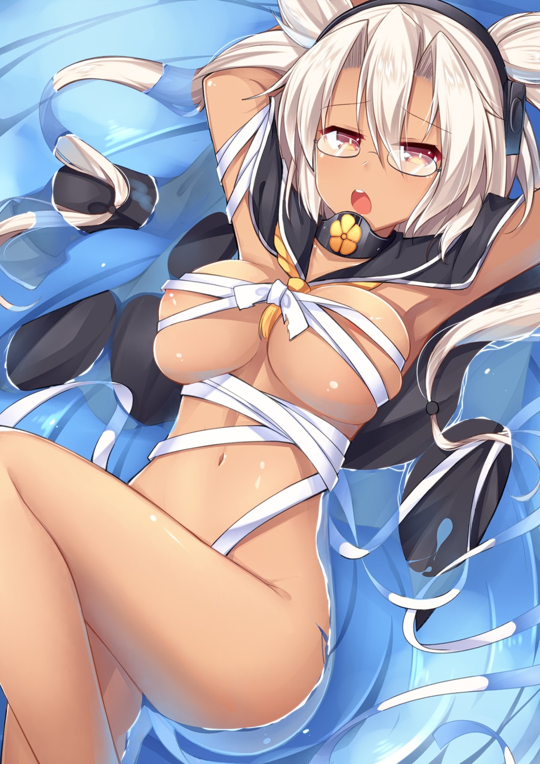 amemiya_ruki areola kantai_collection megane musashi_(kancolle) naked_ribbon sarashi wet