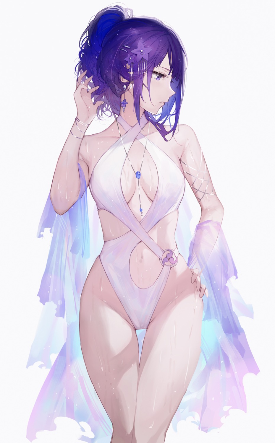 cameltoe genshin_impact qiandaiyiyu raiden_shogun see_through swimsuits wet wet_clothes