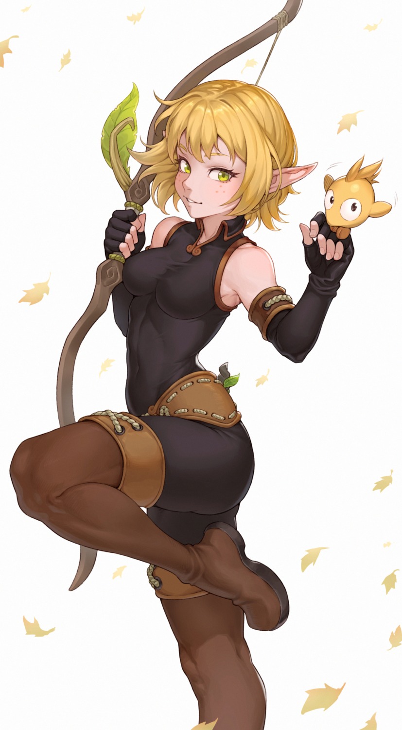 bodysuit cheshirrr evangelyne_(wakfu) pointy_ears thighhighs wakfu weapon