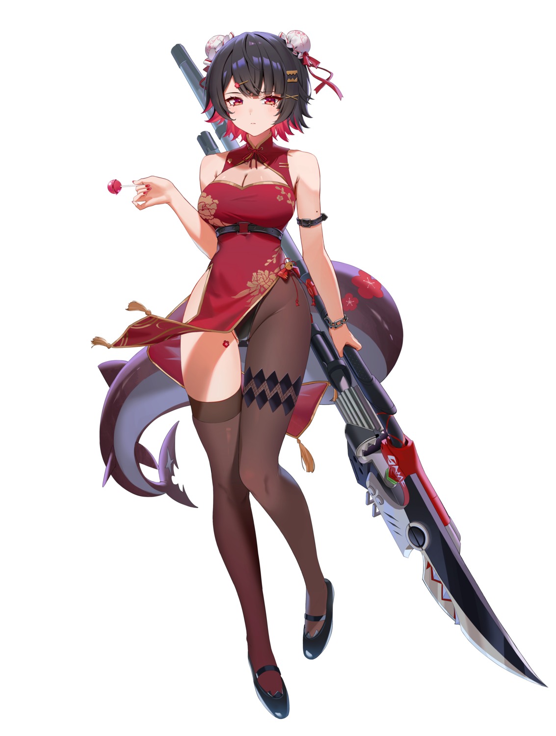 chinadress edible_sus ellen_joe skirt_lift tail thighhighs weapon zenless_zone_zero