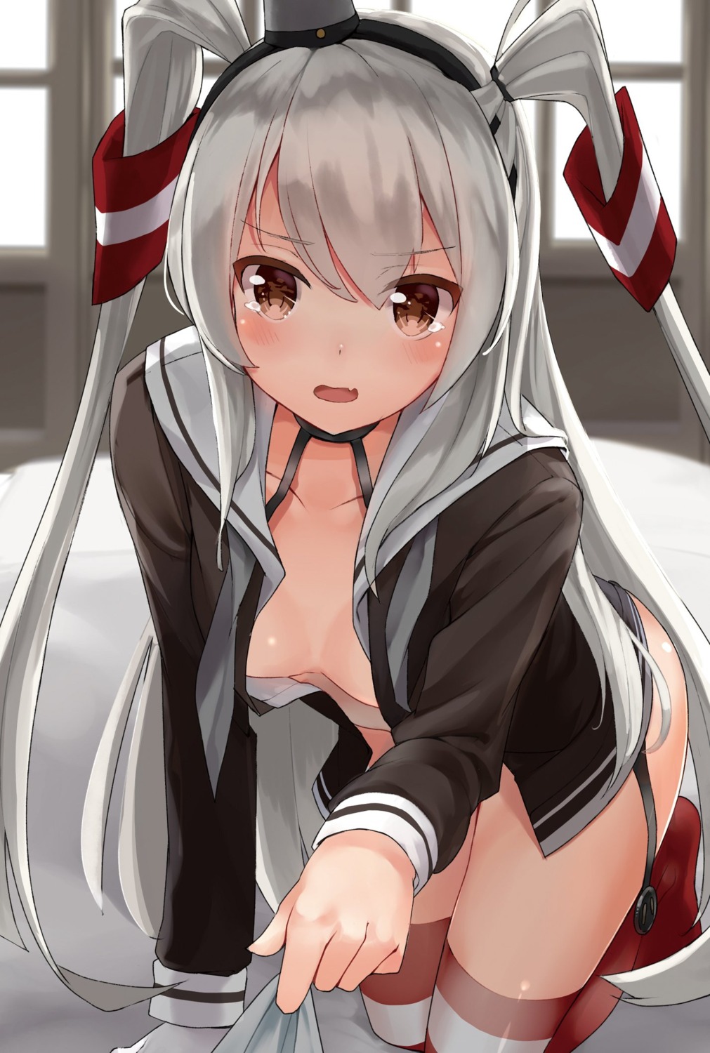 amatsukaze_(kancolle) kantai_collection loli monoto no_bra open_shirt seifuku thighhighs