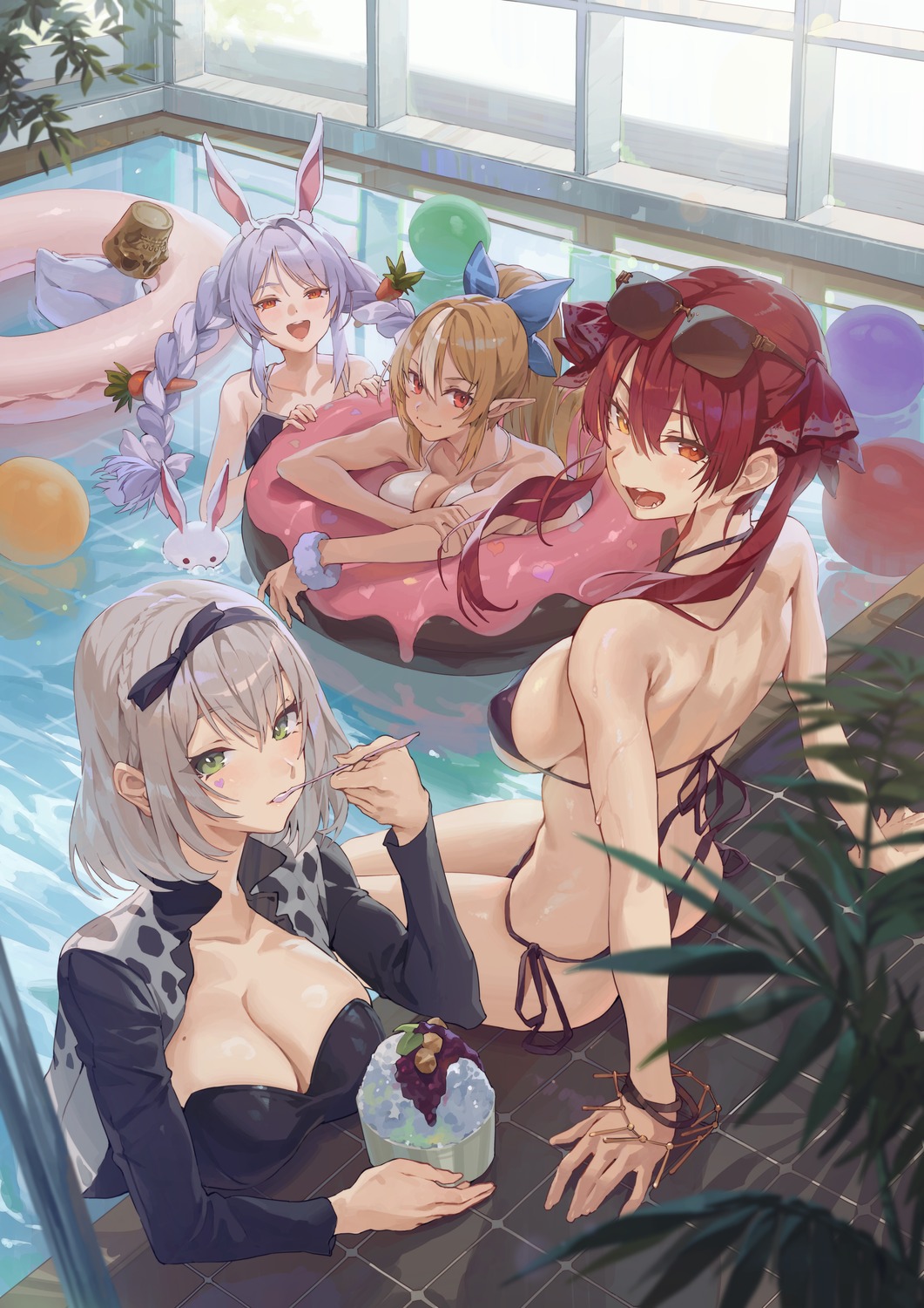 animal_ears bikini bunny_ears elf heterochromia hololive hong houshou_marine megane pointy_ears shiranui_flare shirogane_noel swimsuits usada_pekora wet