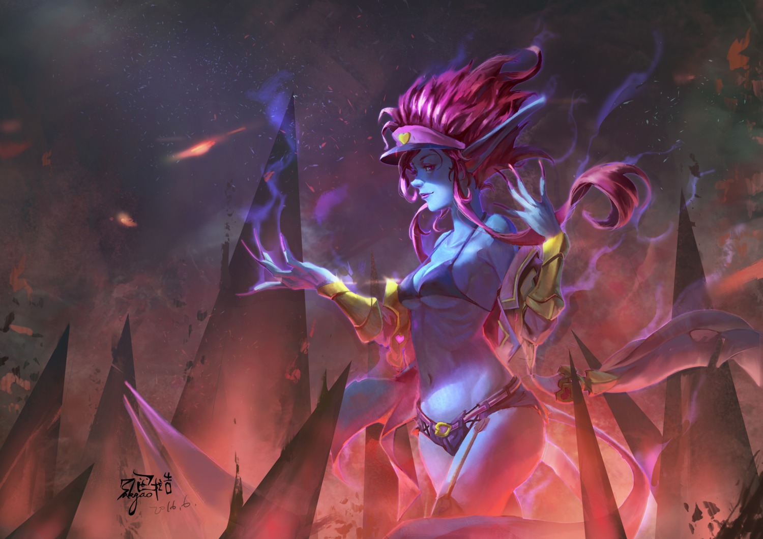 armor balagao bikini_top cleavage evelynn league_of_legends pointy_ears stockings swimsuits thighhighs underboob