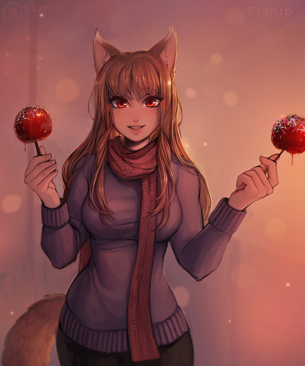 animal_ears holo matilda_vin official_watermark spice_and_wolf sweater tail