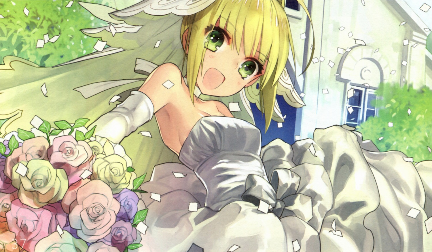 cleavage dress fate/extra fate/extra_ccc fate/stay_night saber_bride saber_extra wada_rco wedding_dress